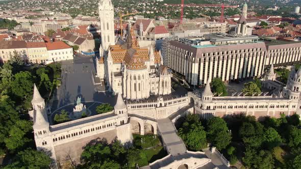 Drone view of Fisherman's Bastion (Halaszbastya) in Budapest, Hungary, Europe