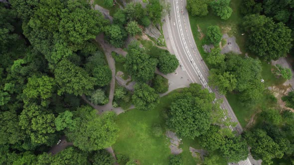Aerial view above a road in Central Park, summer in cloudy New York, USA - rotating, top down, drone
