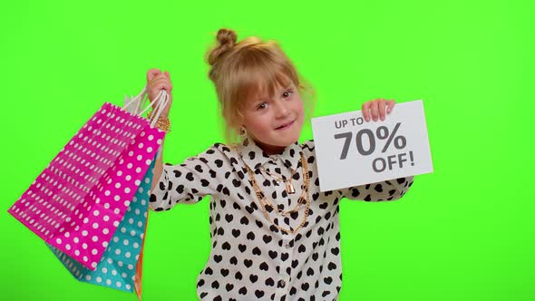 Kid Child Girl Showing Shopping Bags and Up To 70 Percent Off Inscriptions Banner Text Black Friday