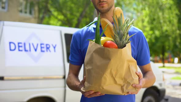 Market Worker Giving Grocery Bag, Goods Delivery Service, Express Food Order