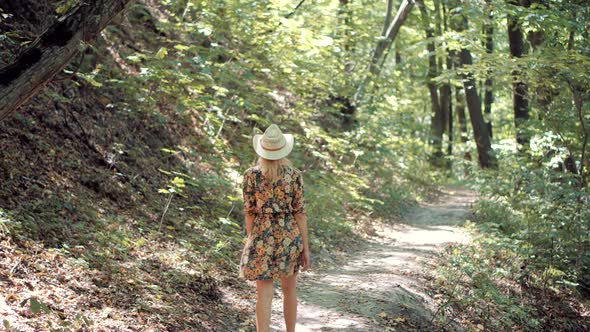Girl In Dress Walking In Greenwood. Carefree Female Exploring Green Forest In Sunny Time.