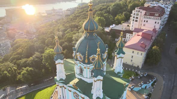 Aerial View of St. Andrew's Church in the Morning. Kyiv, Ukraine