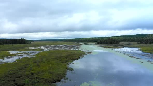 Aerial shot low over the calm, murky waters of Shirley Bog winding through the Maine countryside sur