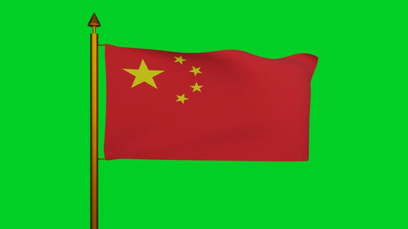 Flag of China waving with flagpole on chroma key, National Flag of the Peoples Republic of China