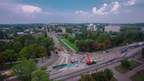 Road Construction Site with Tram Tracks Repair and Maintenance Aerial Timelapse alt