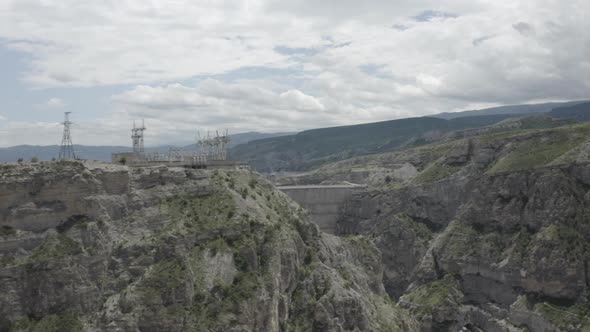 Water Reservoir and a Dam in Dagestan Aerial View of the Concrete Dam Chirkei Famous Hydroelectric