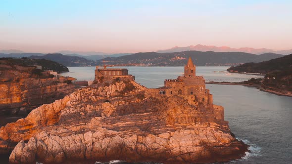 Aerial View Around The Church Of San Pietro In Portovenere During Sunset