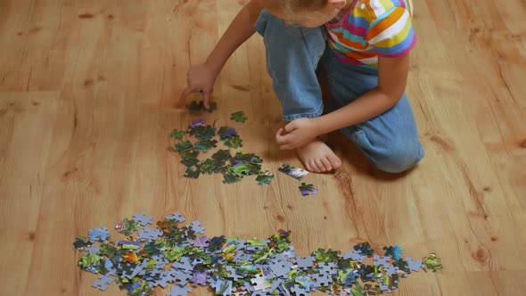 A Beautiful Girl Collects Puzzle Puzzles Sitting on a Wooden Floor