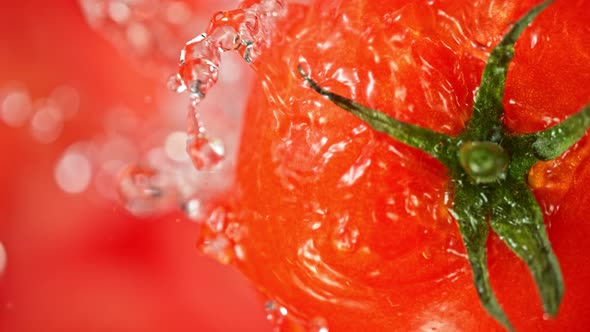 Super Slow Motion Shot of Splashing Water on Rotating Tomato