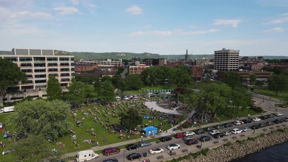 High above Riverside Park in La Crosse, Wisconsin, on the Mississippi River during music night.