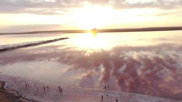 Aerial View on the Beautiful Pink Lake with Sunset on the Horizon