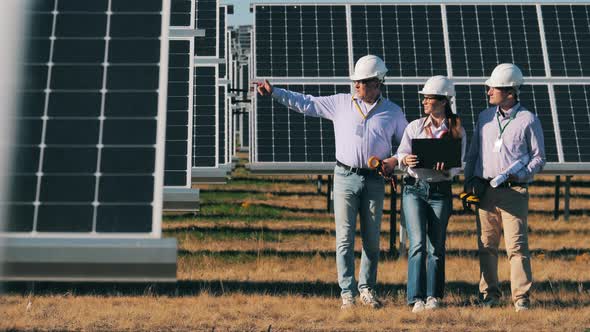 Energy Efficiency, Energy Saving Concept. Power Specialists Are Observing Solar Panels and Talking