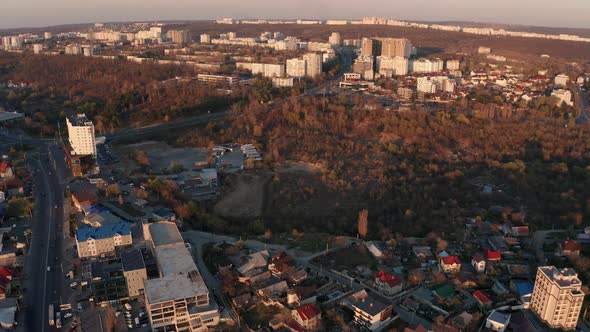 Establishing Aerial Shot of Abandoned Area in Chisinau Moldova at Sunset