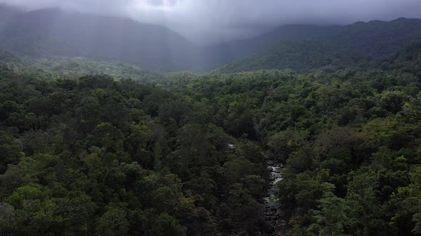 Daintree Rainforest tilt aerial with river, trees and cloudy mountains, Mossman Gorge, Queensland, A