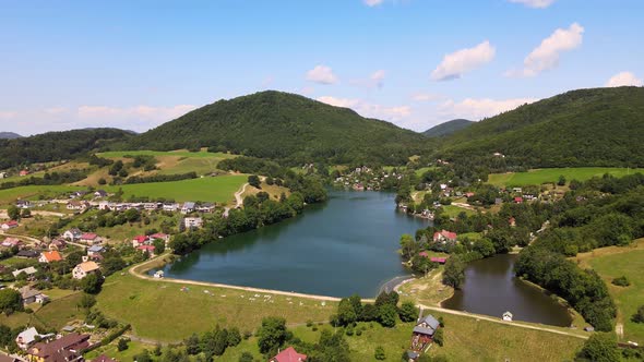 Aerial view of a lake in the village of Bansky Studenec in Slovakia