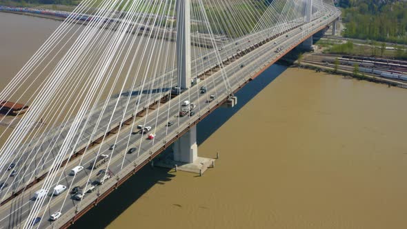 Aerial view of the spectacular Port Mann Bridge that connects Coquitlam and Surrey, British Columbia