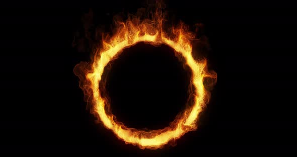 slow motion flames and sparks, Burning Ring of Fire on Black Background.  alt