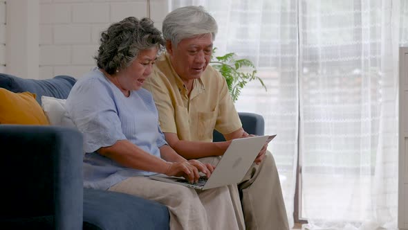 Asian senior couple using laptop searching online shopping.