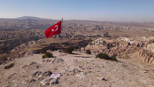 Flag of Turkey in Cappadocia. Aerial View