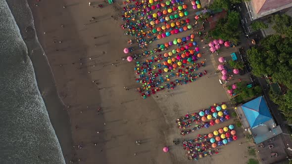 Aerial high angle view of the Beach With Parasols And Beanbags, double six beach, Kuta Bali Indonesi