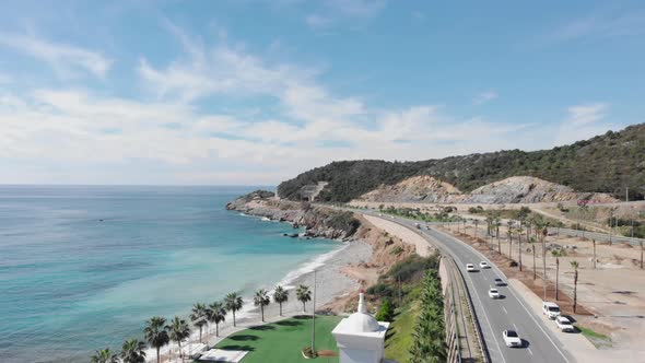 High speed road with cars along beautiful coastline in Alanya, Turkey