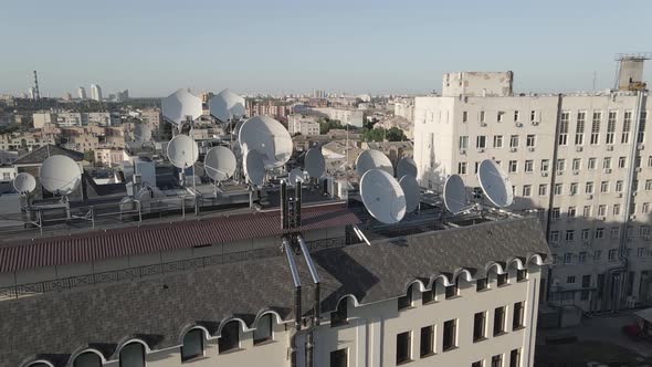 Kyiv, Ukraine: TV Antennas on the Roof of the Building. Aerial. Flat, Gray