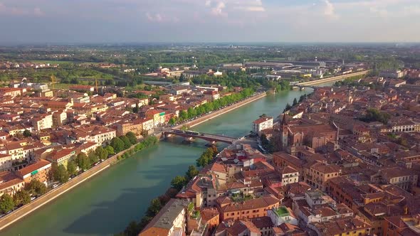 Verony Italy Skyline Aerial Footage in . View of Riva and Bridge in Verona City. Left Side Old Town