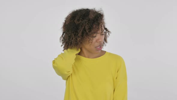 Young African Woman Having Neck Pain on White Background