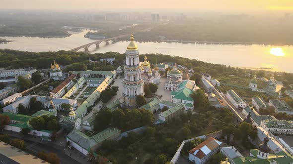 Kyiv-Pechersk Lavra in the Morning at Sunrise. Ukraine. Aerial View