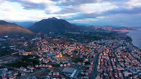 Drone View Alanya City Sunset