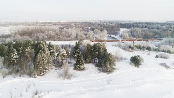 Aerial Drone View of a Winter Landscape. Coniferous and Deciduous Trees in Frosty Weather.