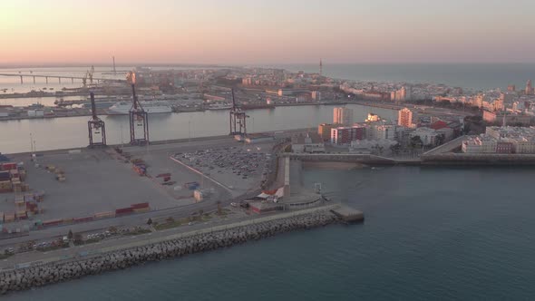 Aerial view of the Cadiz Bay at sunset