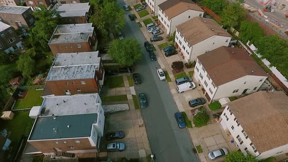 Aerial View Street Establishing Shot of American Neighborhood,, Suburb. Real Estate, Drone Shots,