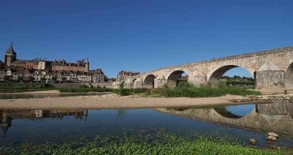 Gien, Loiret department, France. Low water level in the Loire river during a dryness season.