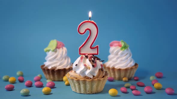 Cake Birthday Cupcake with a Burning Candle Number Two 2 on a Blue Background