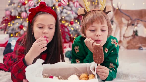 Video Portrait of Two Cute Little Children Eating Christmas Sweets