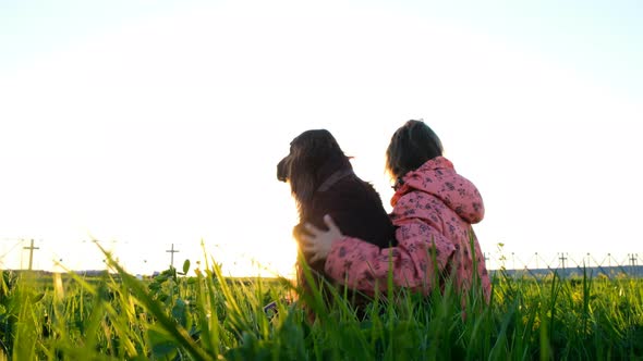 Woman Hugging a Dog at Sunset, a Young Girl with a Pet Sitting on the Grass and Relaxing in Nature