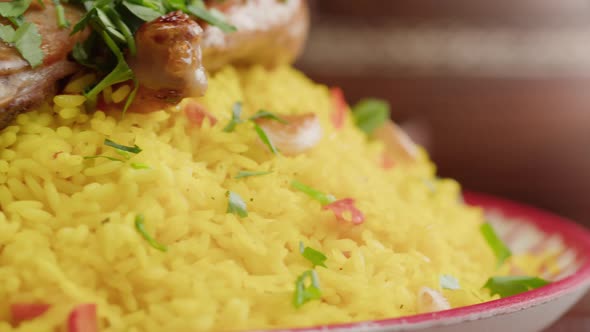 Couscous with Chicken Closeup Muslim Family Dinner Ramadan Iftar