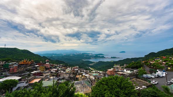 time lapse of Jiufen village with mountain and east china sea, Taiwan