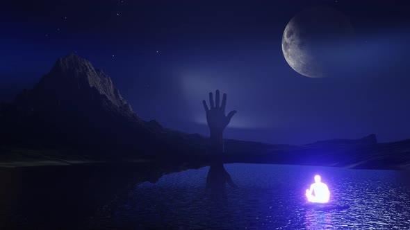 Human Meditating on a Mountain Lake on a Moonlit Night Abstract Background