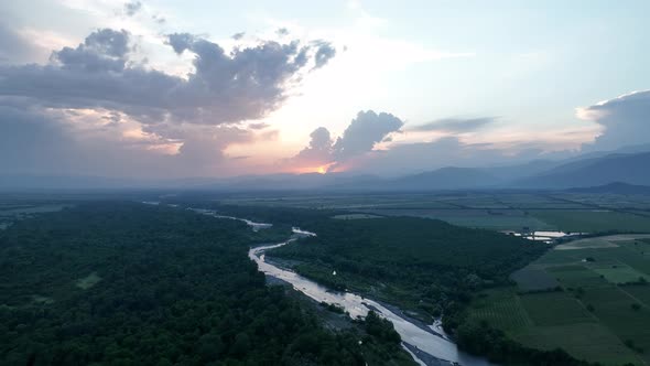 Flying over Alazani river at sunset. Kvareli, Georgia 2022 summer