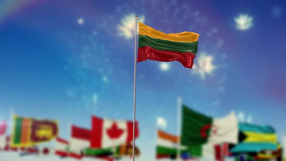 Lithuania Flag With World Globe Flags And Fireworks