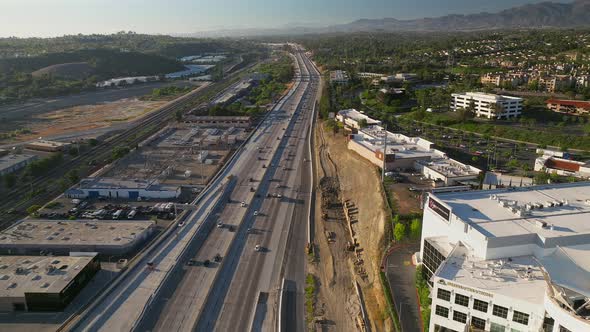 Static evening view of traffic on the five freeway in southern Mission Viejo, California