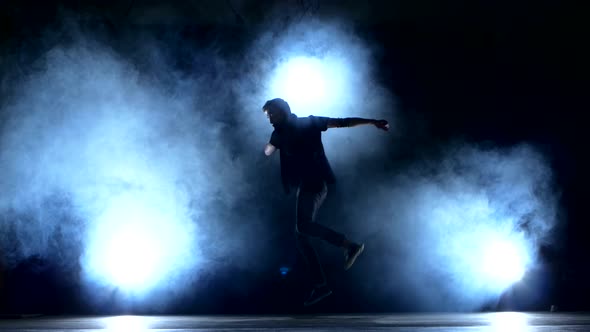 One Hip Hop Break-dancer Stylish Man Dancing, Smoke, Silhouette