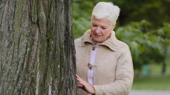 Elegant Woman Retirement Age Resting in Park Alone Standing Near Large Tree Stroking It Touches Bark