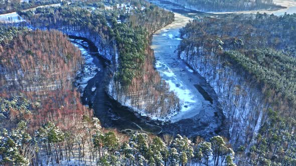 Winter forest and frozen river. Aerial view nature of Poland