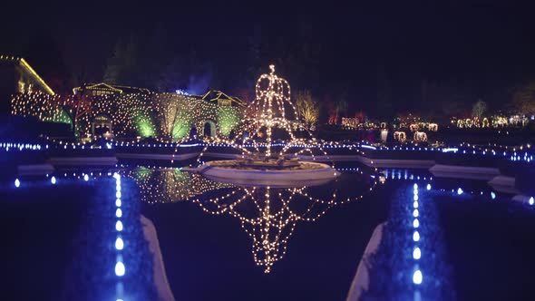 Fountain from Twinkling Christmas Lights in Butchart Gardens, Night