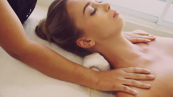 Woman Gets Shoulder Massage Spa By Therapist