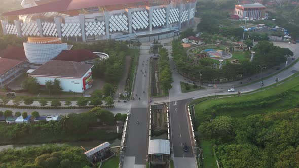 Aerial top down view of the Beautiful scenery of Wibawa Mukti Stadium when sunrise