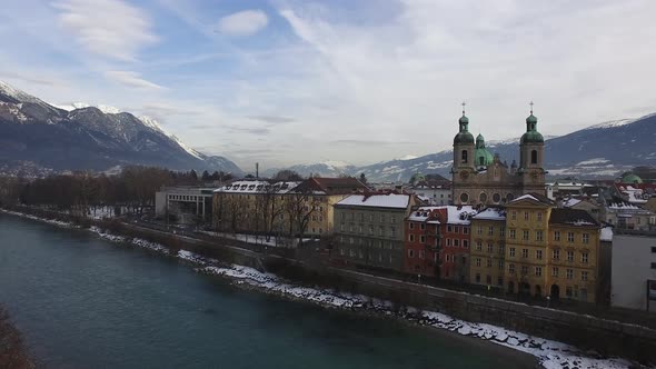 Aerial view of Inn river and buildings, Innsbruck